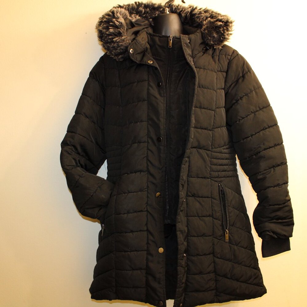 Novish Collection Black Quilted Faux Fur Hooded Puffer Coat Women’s L Long Winte